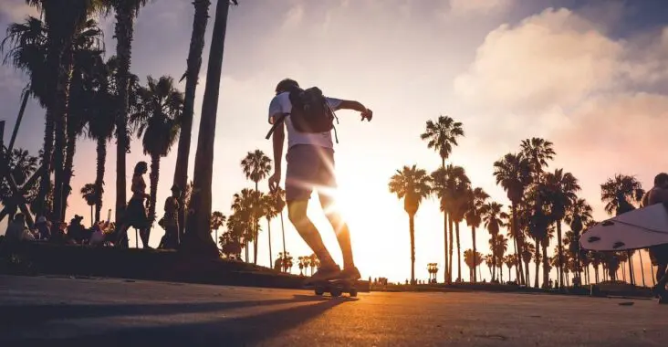 homme fait du skate dans la nature au coucher du soleil sous les palmiers. comment choisir un skateboard ?